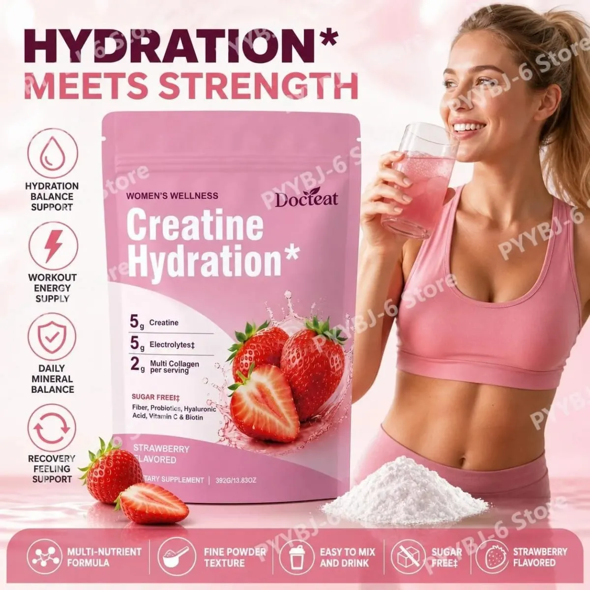 Docteat Creatine Powder Elektrolit Kolagen Vitamin C Biotin Tanpa Gula Perisa Strawberi Wanita Fitness Wellness 30 Hidangan — image 2