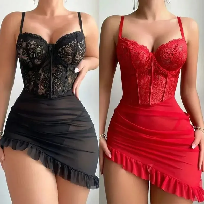 Ensemble de soutien-gorge transparent en dentelle pour femmes, chemise de nuit intime sensuelle, pyjama pour vêtements de nuit et Occasions spéciales — image 1