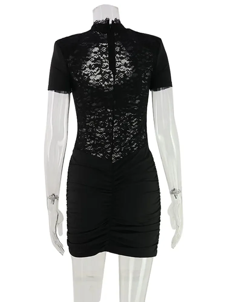 Lace Patchwork Hollow Out Women Dresses Short Sleeve Hip Wrap Sheath Trendy Hot Girl Sexy Club Outfits Female Bodycon