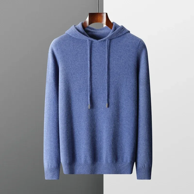 Men's 100% Merino Wool Sweater Hooded Collar Knitted Pullover Sweatshirt Autumn Winter Casual Large Tops Long Sleeved — image 3
