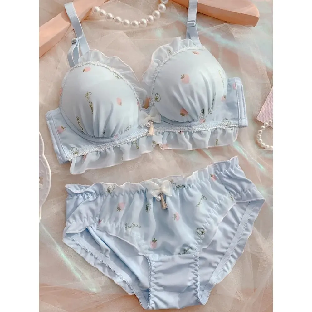 Set di slip reggiseno push up con coppe sottili senza fili con stampa di fragole carine, intimo comfort giapponese Kawaii per petto piccolo da indossare ogni giorno S-XL — image 2