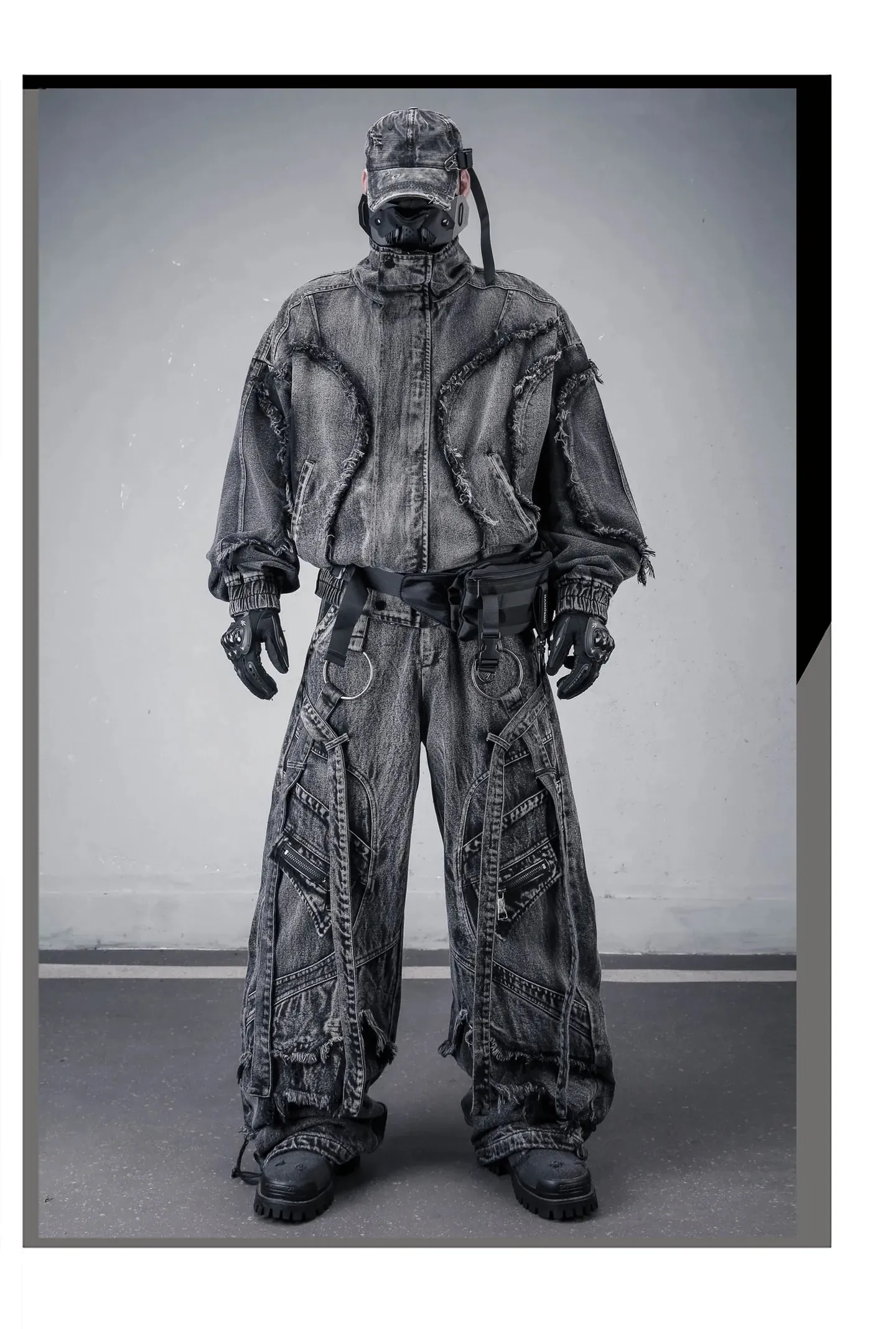 Deconstructed สายรัดล้าง Vintage Cargo กางเกงยีนส์ Man Woman Techwear Wasteland สไตล์ขากว้างยุทธวิธี Baggy กางเกง Street Wear — image 9