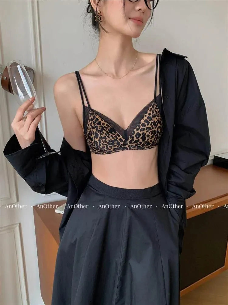 流行豹紋胸罩套裝無鋼圈軟墊小胸提拉法式簡約女士日常內衣 32A-38BC — image 4