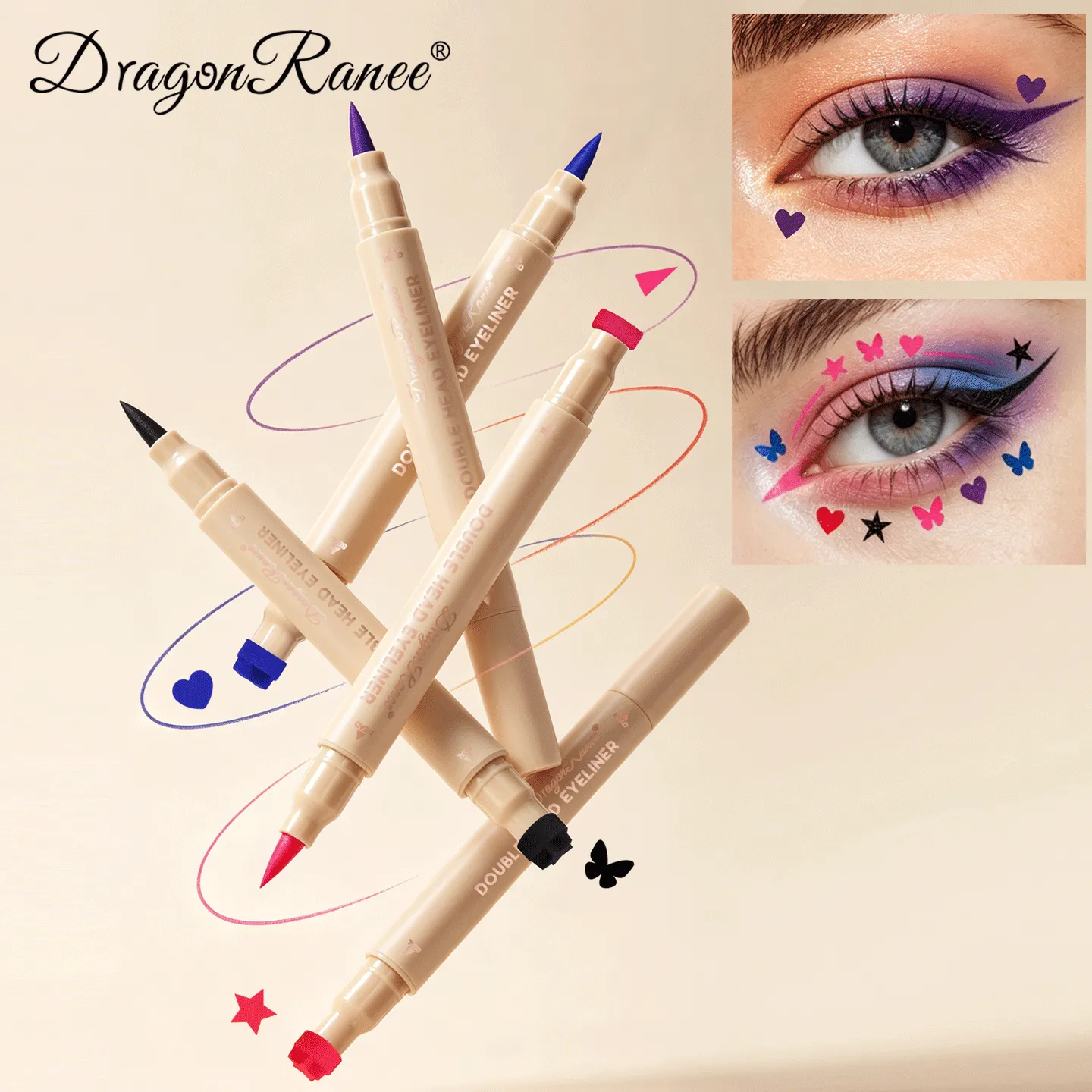 Dobbelt hoved stempel flydende eyeliner Smudsikker hurtigtørrende vandtæt 2 i 1 farverig kærlighedsstjerne sommerfugl øjenlinje blyant makeup