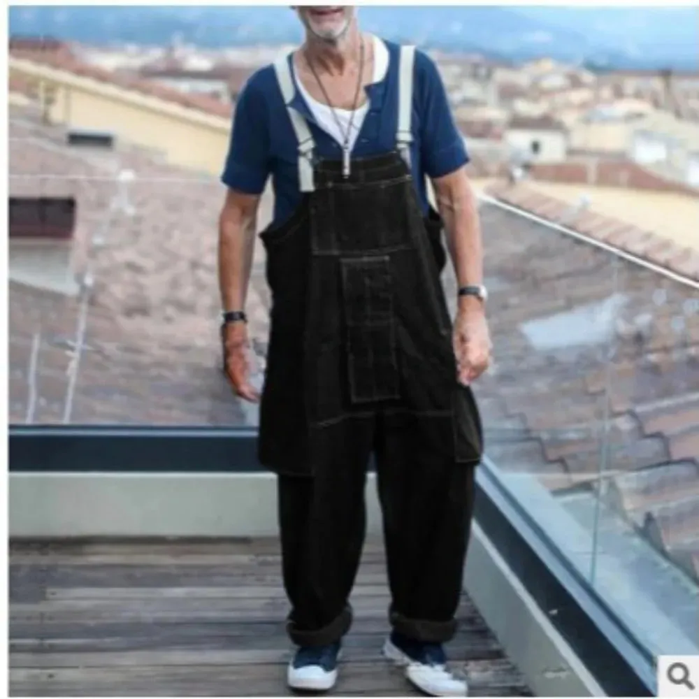 Streetwear Uomo Tinta unita Multi tasche Salopette di jeans Allentato Casual Lavato Tuta 2024 Bretelle maschili Jeans Pantaloni cargo — image 8