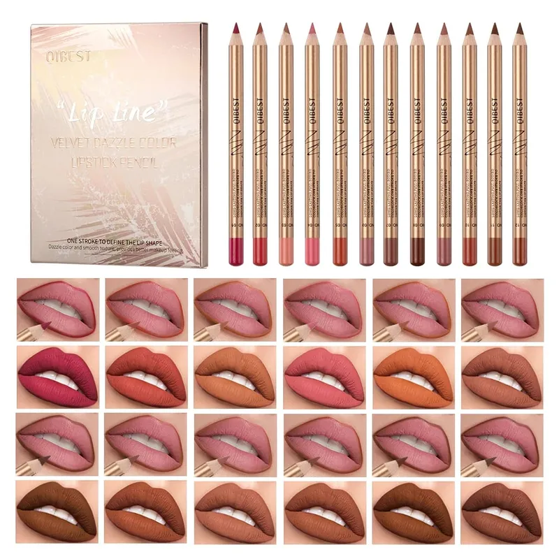 12 PCS Lipliner ชุด Waterproof Matte Lip Pencil ลิปสติก Lip Liner ปากกา Smooth Nude ลิปสติกปากกาสำหรับเครื่องสำอาง