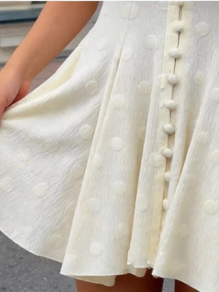 Mini abito da donna a pois tinta unita con scollo a V profondo manica a sbuffo bottone frontale a pieghe abiti corti a trapezio elegante abito da festa da donna — image 3