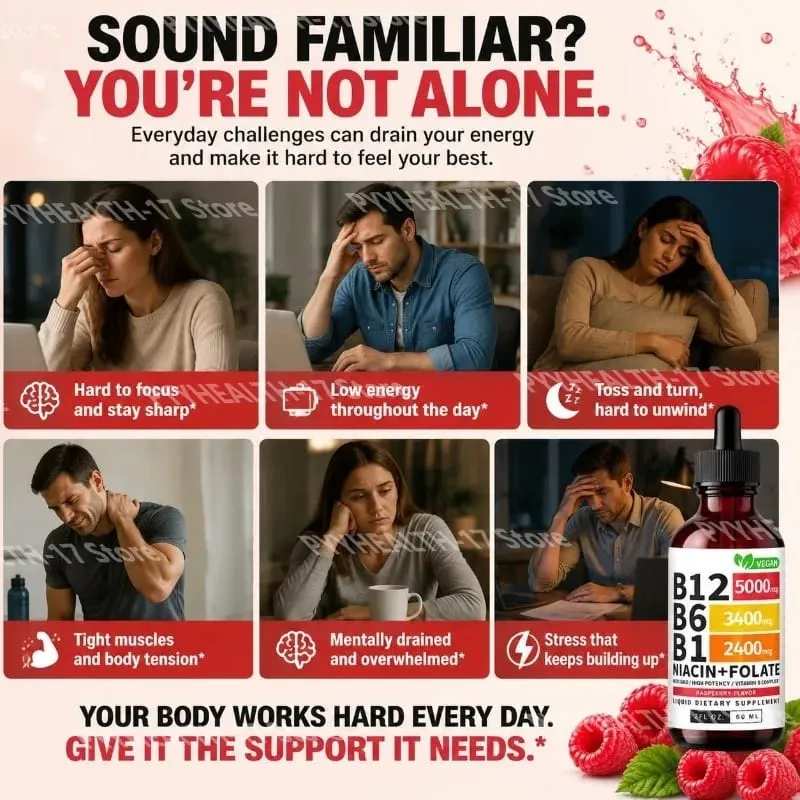 B12 B6 B1 Niacine Folate Liquide Sublingual Vegan B-Complex Gouttes pour l'énergie quotidienne et le soutien de la concentration Framboise pour hommes femmes 60 ML — image 4