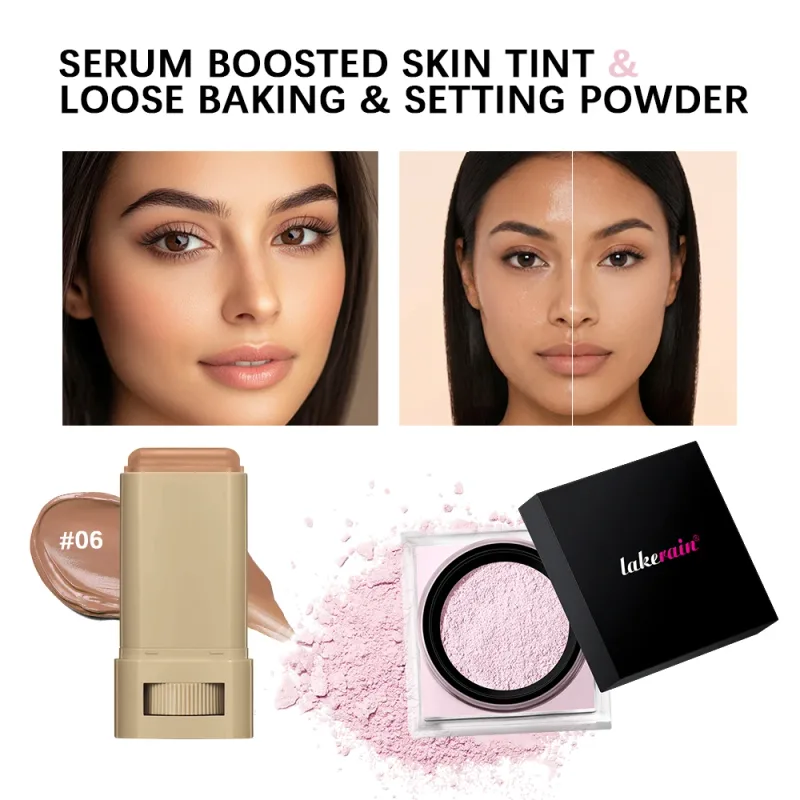 Serum Boosted Skin Tint Stick & Loose Baking Setting Powder Kawalan Minyak Mekap Alas Pakaian Panjang Mekap Sekata Tona Kulit Mekap Kemasan Matte — image 11
