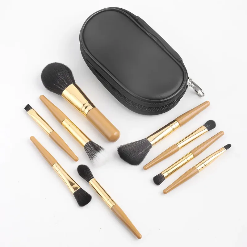 Set Kuas Rias 9 Buah Portabel Minimalis dengan Tas Penyimpanan Kuas Kosmetik Portabel untuk Perlengkapan Riasan