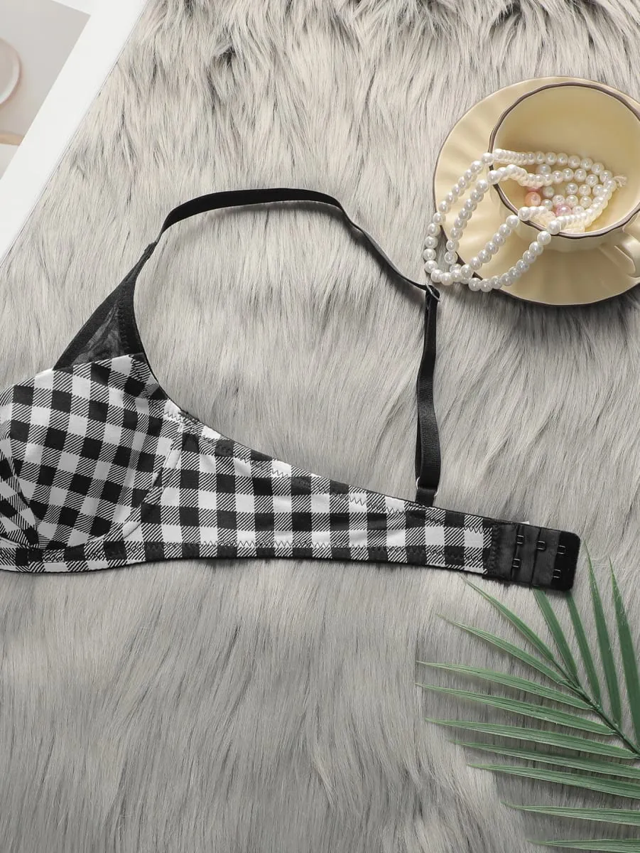 Women's lingerie set with black and white checkered pattern and steel ring gathering push up sexy bra set B1121 — image 4