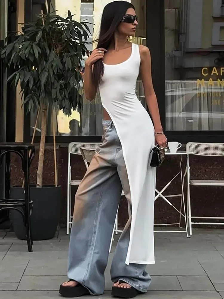 Sommer-Persönlichkeitstrend, schmale Passform, einfarbig, Straßennische, unregelmäßiger asymmetrischer Saum, ärmelloses Leibchen-Westenkleid — image 4