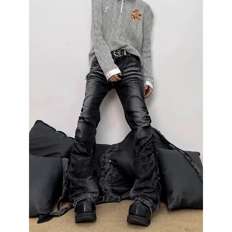 ฤดูใบไม้ผลิผู้ชาย Flare กางเกงยีนส์ Cargo สีดำ Harajuku ญี่ปุ่น Low Rise Denim กางเกง Abi Y2k กระดิ่งด้านล่างอเมริกัน Retro Gyaru bootcut ใหม่ — image 4