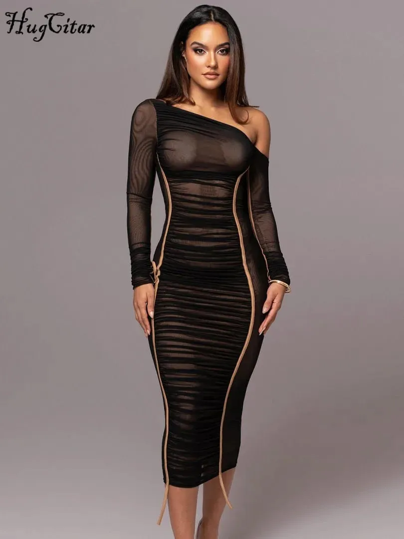 Gaun Maxi Bodycon Tembus Pandang Seksi Terbungkus Lengan Panjang Kerah Diagonal Solid Jaring Hugcitar Pakaian Fashion Musim Panas Klub Festival — image 6