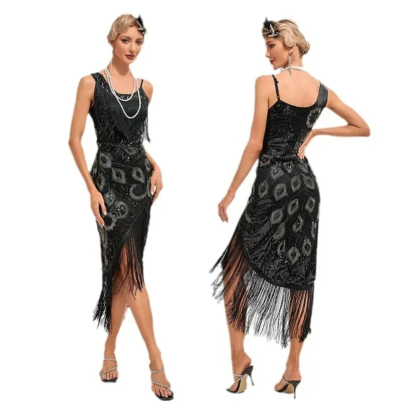 Sequin Dress 1920s Retro Tassel Peacock Pattern Dress Great Gatsby Cocktail Party Charleston Dance Dress Ball Long Evening Dress — image 5