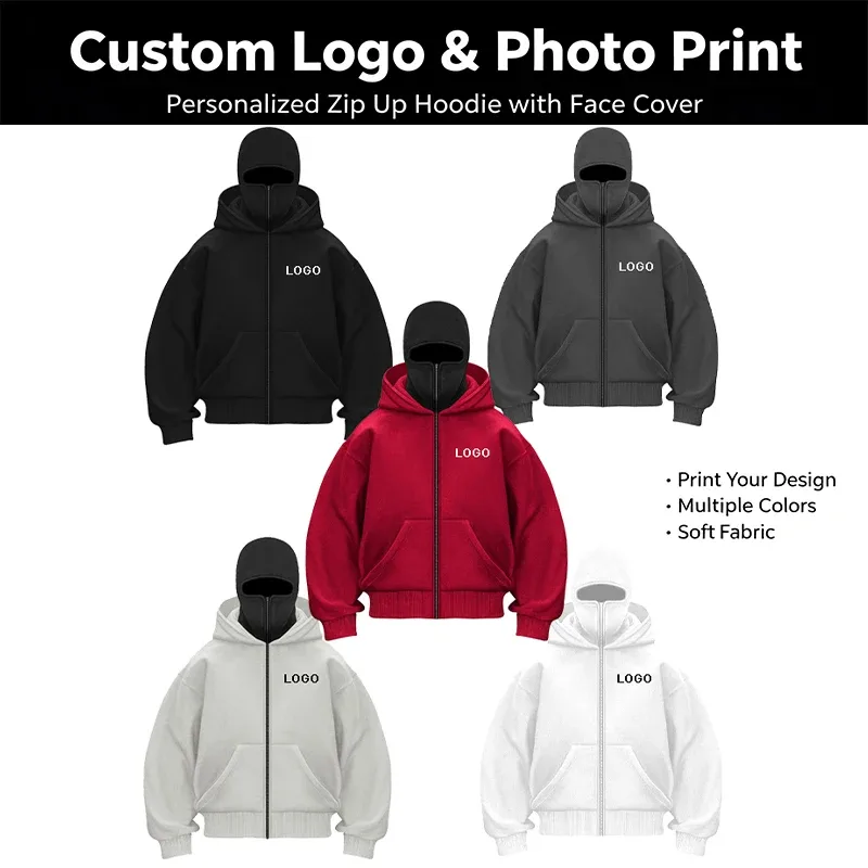 Desain DIY Hoodie Ritsleting Berkerudung Ganda Kaus Ritsleting Lengan Panjang Cetak Kustom Pria Jaket Pullover Masker Ninja Wanita — image 2