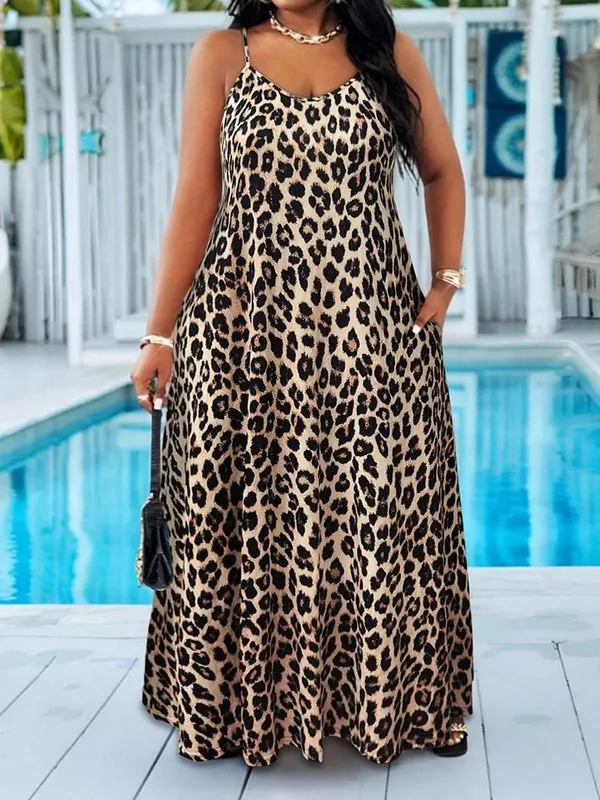 Abito lungo taglie forti con stampa leopardata e cinturino per spaghetti, abbigliamento casual da spiaggia e da vacanza, tendenza moda estiva per le donne