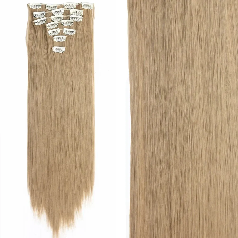 Coiffure longue droite 16 Clips 7 pièces/ensemble Extensions de cheveux postiches synthétiques blondes noires naturelles résistantes à la chaleur pour les femmes — image 43