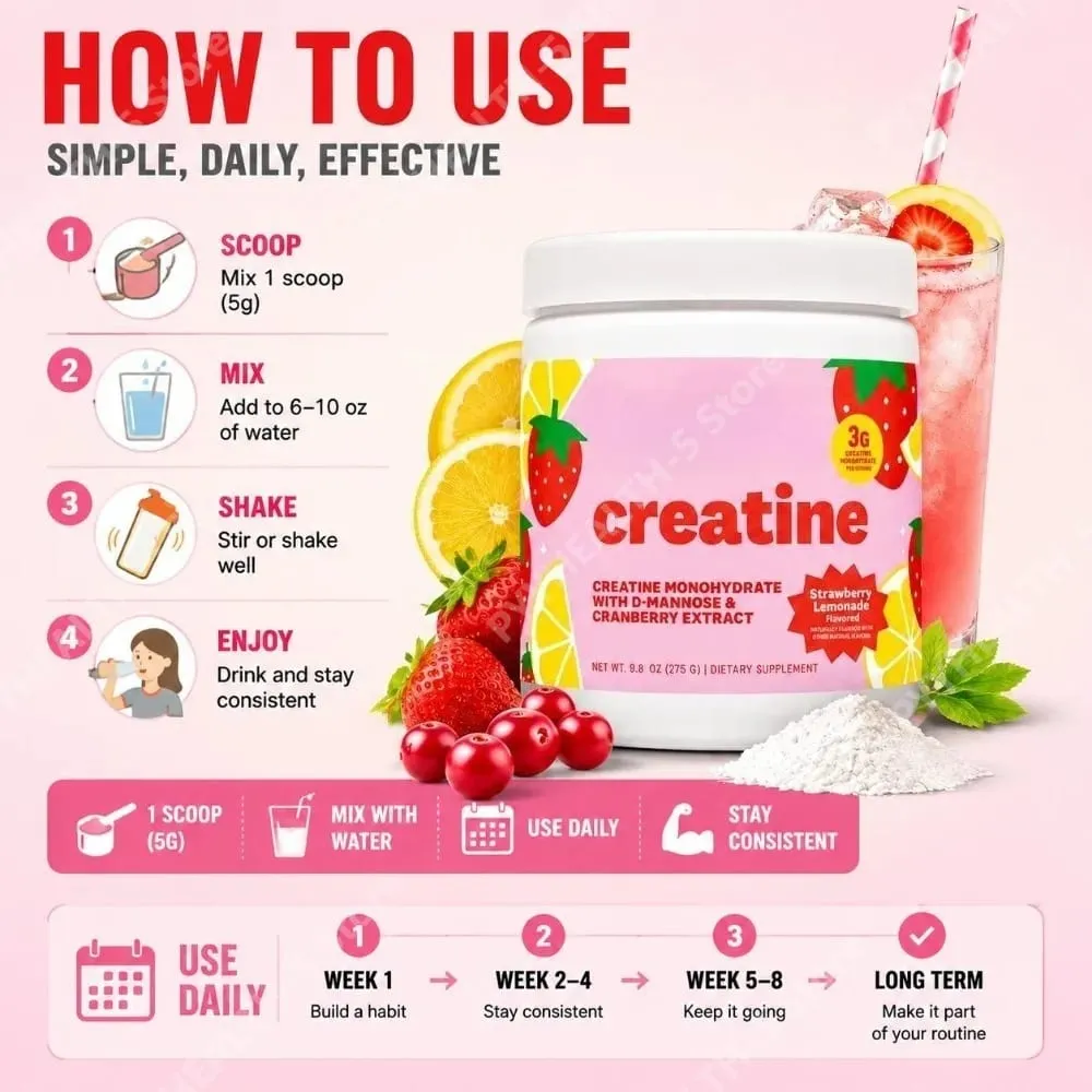 Doplněk kreatin monohydrátu v prášku 3 g porce Veganské složení Jahodová limonáda s příchutí nula cukru pro aktivní životní styl — image 6