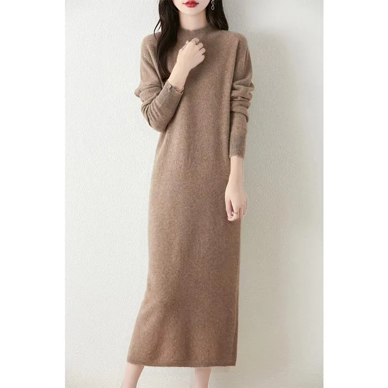 Autumn Winter Women's Wool Long Dress Cashmere Mock Neck Pullover Sweater 100% Merino Wool Soft Knitwear OL Simple Basic Dress — image 12