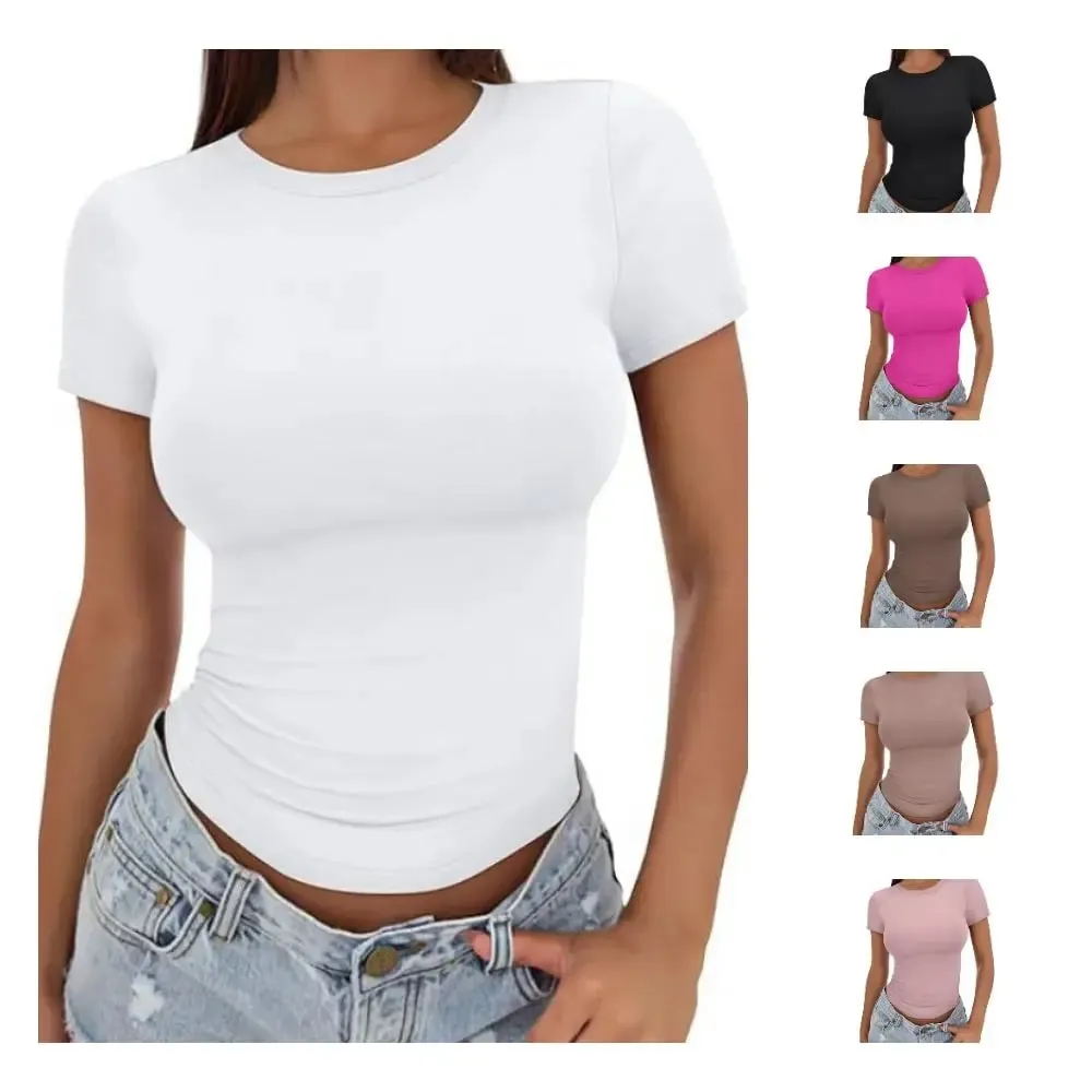 T-shirt aderente elasticizzata alla moda T-shirt morbida e traspirante T-shirt a maniche corte leggera in tinta unita stile streetwear — image 2