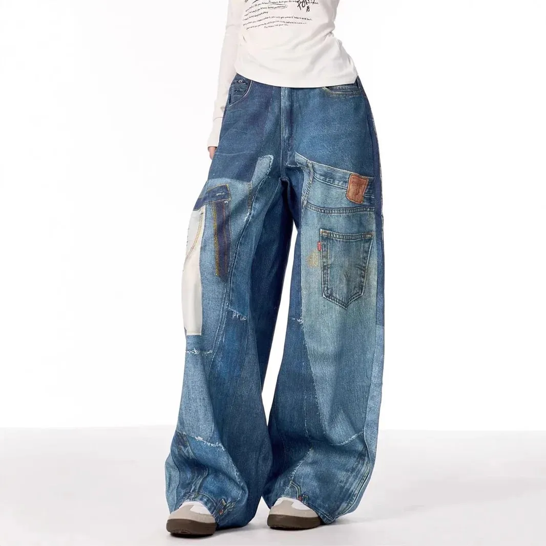 2025 American High Street Retro Design Patch Splicing Printed Jeans Men's and Women's Loose Straight Wide-leg Trousers — image 4