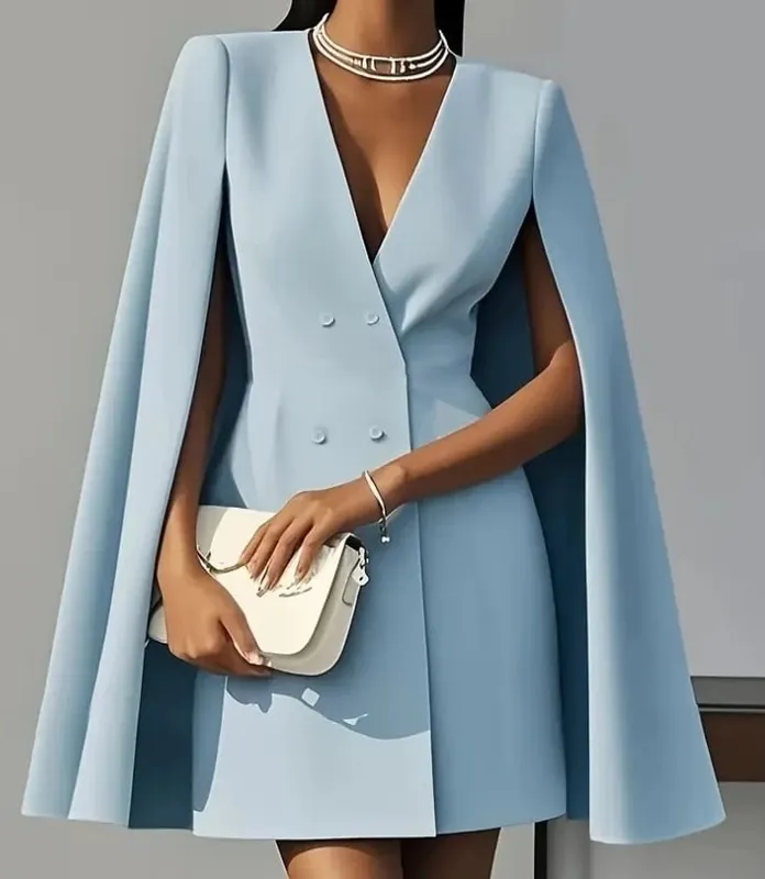 Frauen Kleider 2025 Frühling Herbst Neue Pendeln Zweireiher Schal Cape Einfarbig V-ausschnitt Mini Kleid frauen Kleidung — image 5