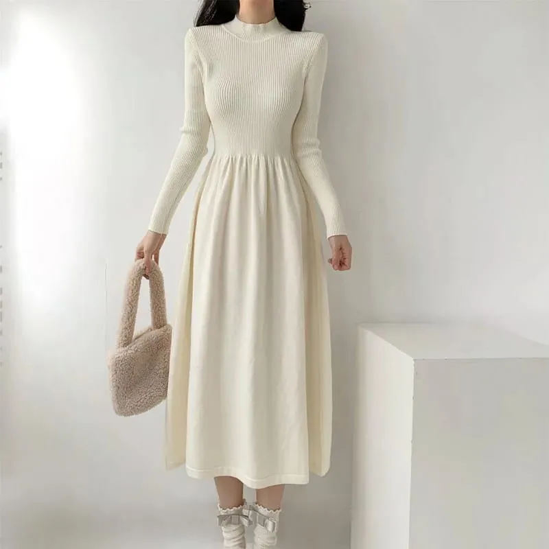 가을 겨울 여성 니트 드레스 모든 경기 단순 솔리드 하프 하이 칼라 롱 드레스 여성 한국어 세련된 하이 웨이스트 a 라인 드레스