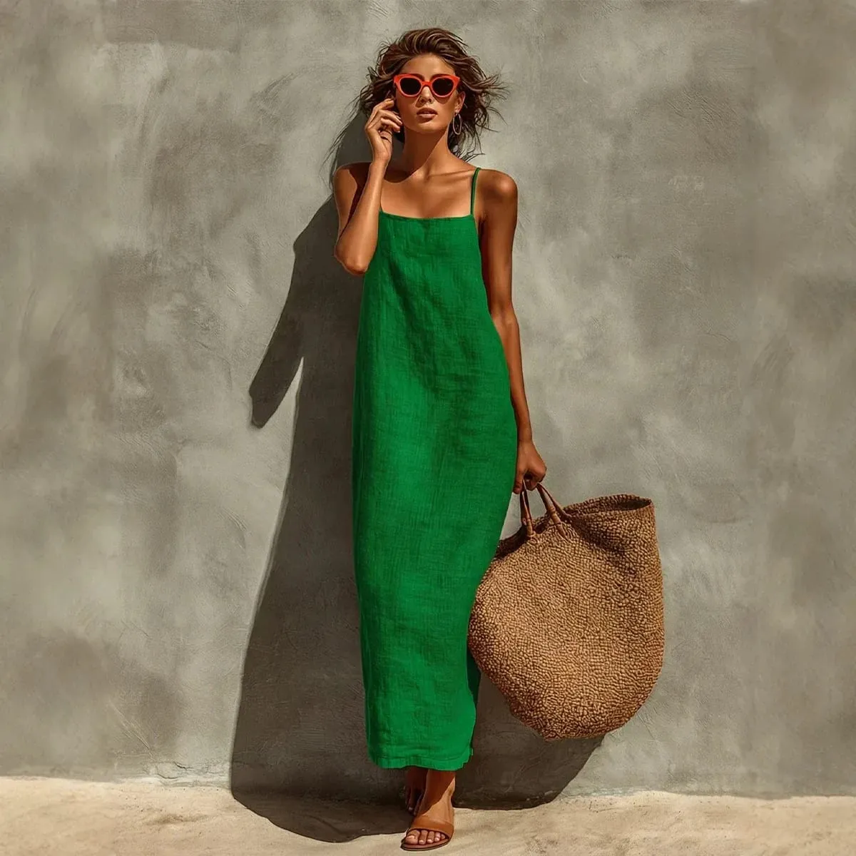 ฤดูร้อนผู้หญิงสีทึบสบายๆลื่น Sundress ทราย Beachwear แขนกุดหลวม Maxi ยาวชุดวันหยุด — image 3