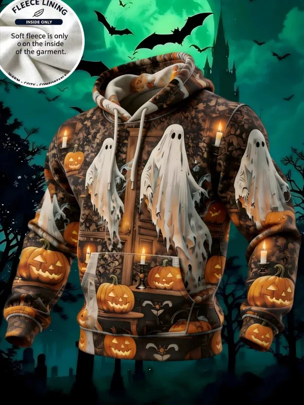 3D Print Halloween Fleece Hoodie Ghost Pumpkin Bat Spider Web Candle Graveyard Pullover Long Sleeve Kangaroo Pocket Sweatshirt — image 4