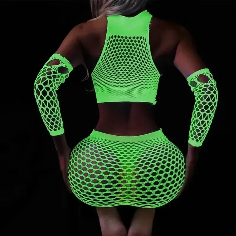 Fishing Net Transparent Women's Sexy Two Piece Set Fluorescent Open Crotch Bodystockings Dacne Party Club Luminous Sex Clothes — image 1