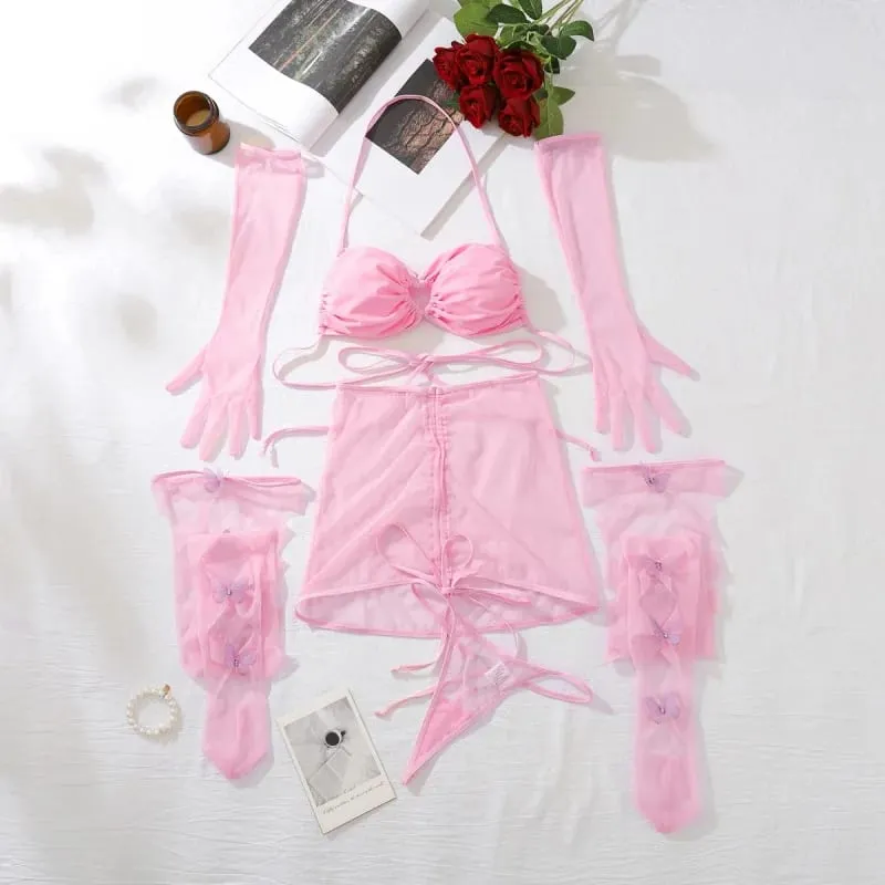 Lingerie ultra sexy, reggiseno con coulisse, bretelle attraenti, romantici guanti con calza ritagliata a farfalla — image 5