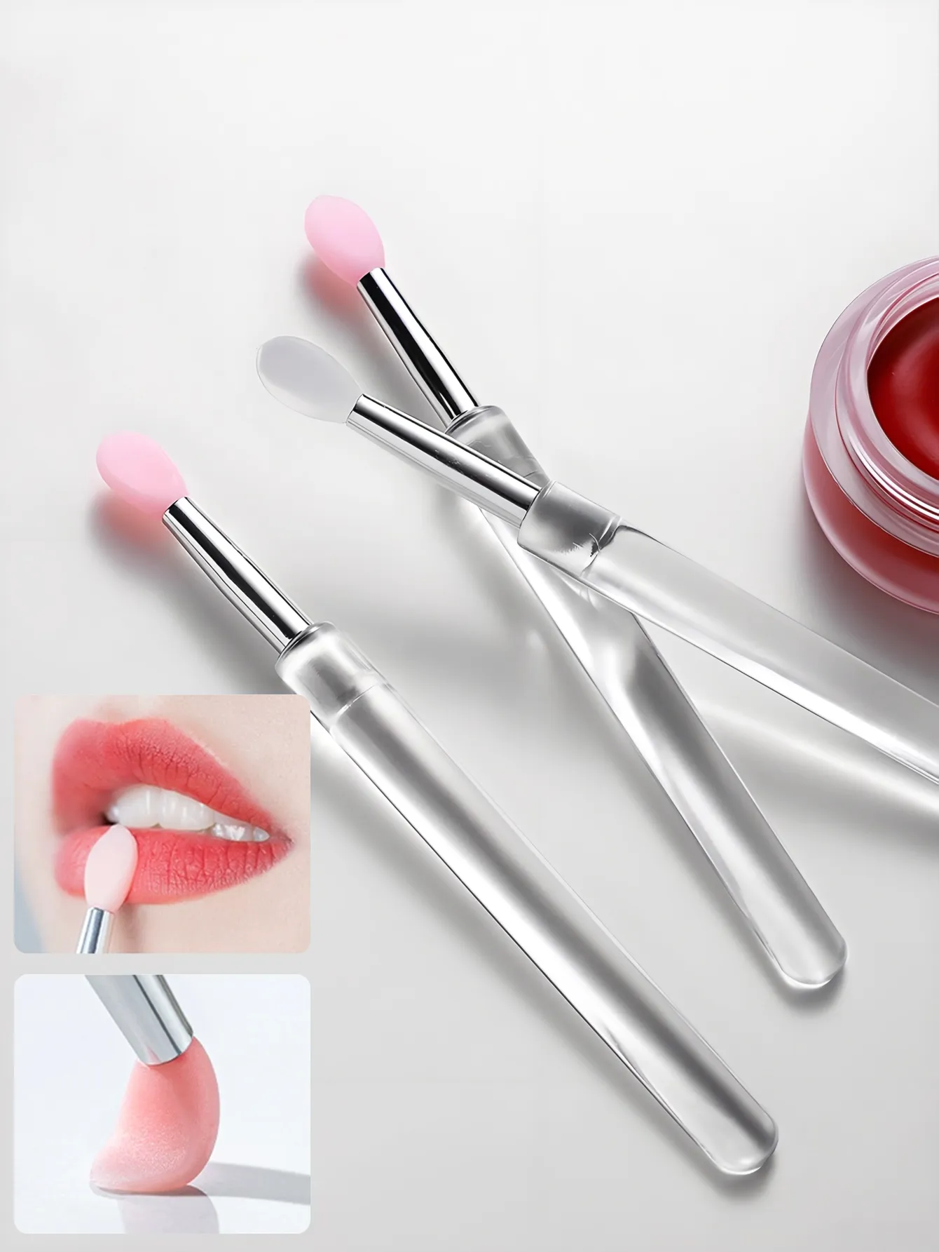 4/10 Stück wiederverwendbare Silikon-Lippenpinsel mit Kappe, tragbarer Lipgloss- und Lippenmasken-Applikator, doppelseitiger Make-up-Pinsel für Lippen und Augen — image 4