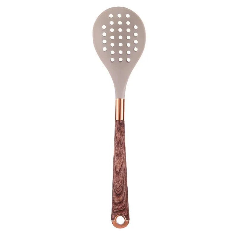 Set Perkakas Dapur Silikon 10 Keping Perkakas Memasak dengan Pemegang Perkakas Pemegang Corak Kayu Alat Memasak Nonstick JT264