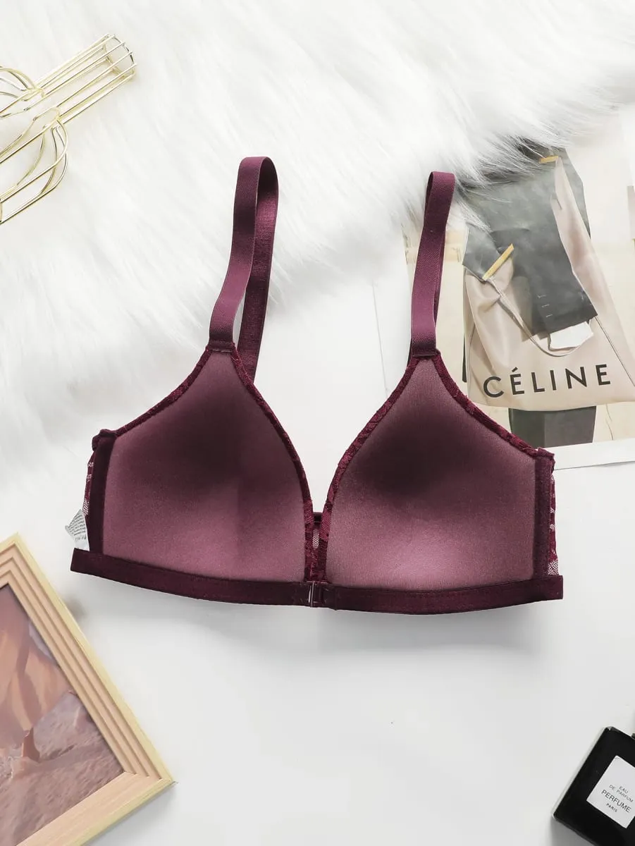 ผู้หญิง Sheer Lace Bra ชุดตะขอปิดด้านหน้าไร้สาย V คอ Brassiere Burgundy ดอกไม้ลูกไม้ชุดชั้นในกางเกงชั้นในเซ็กซี่ชุดชั้นใน — image 3