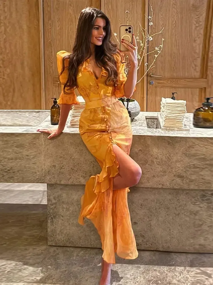 Stampa floreale Volant Scollo a V Vita stretta Abiti lunghi Orlo diviso Monopetto Maxi vestito 2026 Party Beach Vacation Abiti — image 2