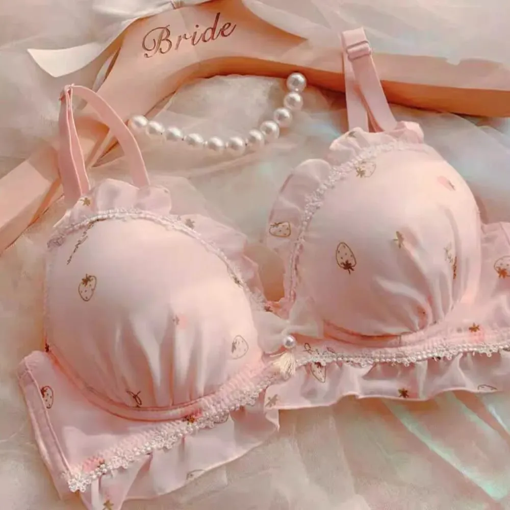 Set di slip reggiseno push up con coppe sottili senza fili con stampa di fragole carine, intimo comfort giapponese Kawaii per petto piccolo da indossare ogni giorno S-XL — image 5