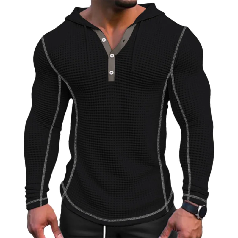 Spring Solid Color Slim Fit Long Sleeved T-shirt Men's Hooded Breathable Sports Top Waffle Cotton Casual Long Sleeved Shirt — image 1