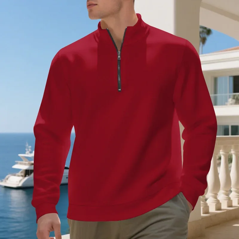 Autumn Winter Men's Fleece Quarter Zip Pullover Man Long Sleeved Loose Stand-up Collar Sweater Casual Comfy Mock Neck Sweatshirt — image 12