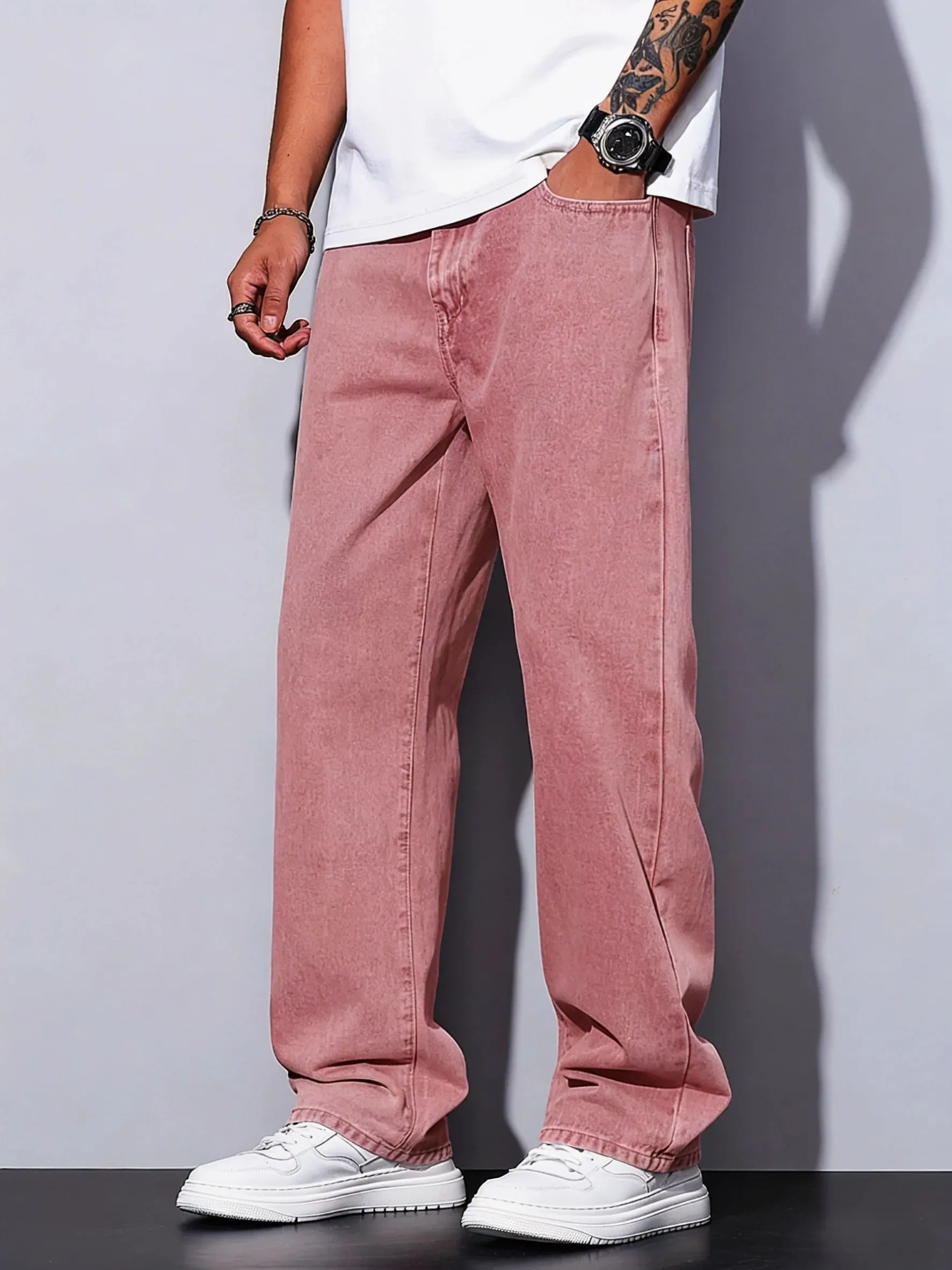 Seluar Jeans Lelaki Merah Jambu Asas Kaki Lurus Seluar Jeans Mid Rise Semua Padanan Semua Musim Seluar Harian Jalanan Untuk Lelaki Muda Keluar Harian