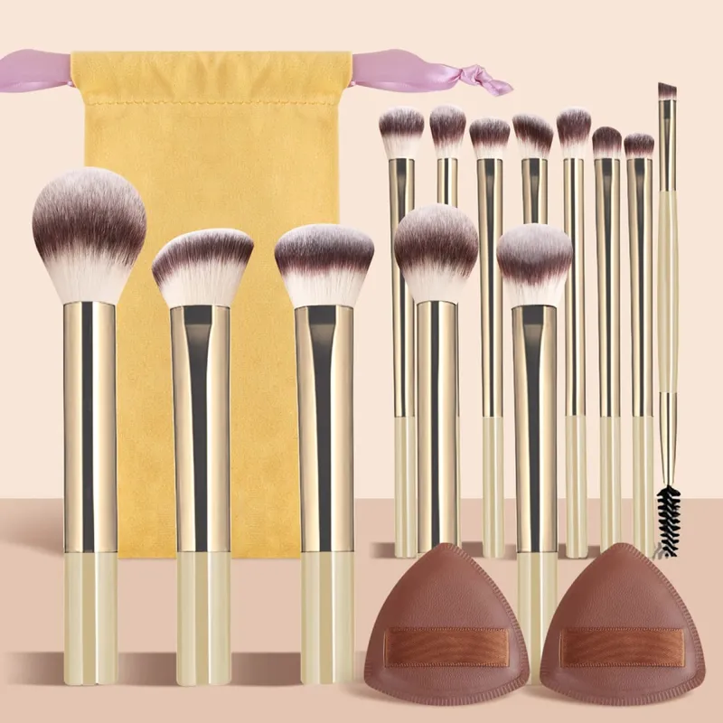 13Pcs Face & Eye Makeup Brushes Kit with Velvet Bag & 2 Triangle Puffs Makeup Tools for Beginners Daily Use