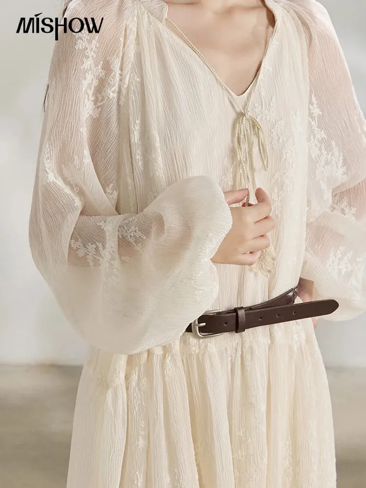 Robe Maxi brodée à manches longues avec ceinture, en mousseline de soie unie, à volants, col en V, cravate, couleur unie, printemps 2026, MXF14L2562 — image 2