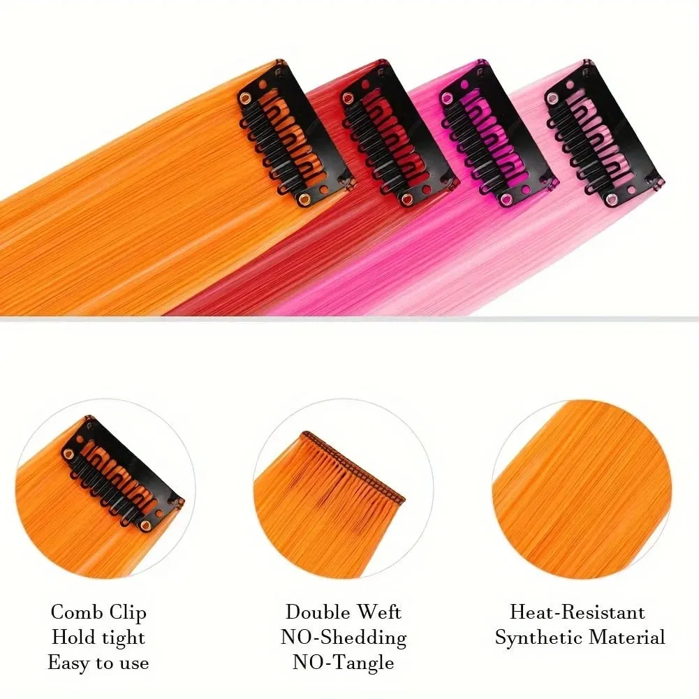 24Pcs/lot Clip in Hair Extensions Multi-Colors Highlights Synthetic Hair 22 inch Rainbow Hairpieces for Girls Women Kids — image 4