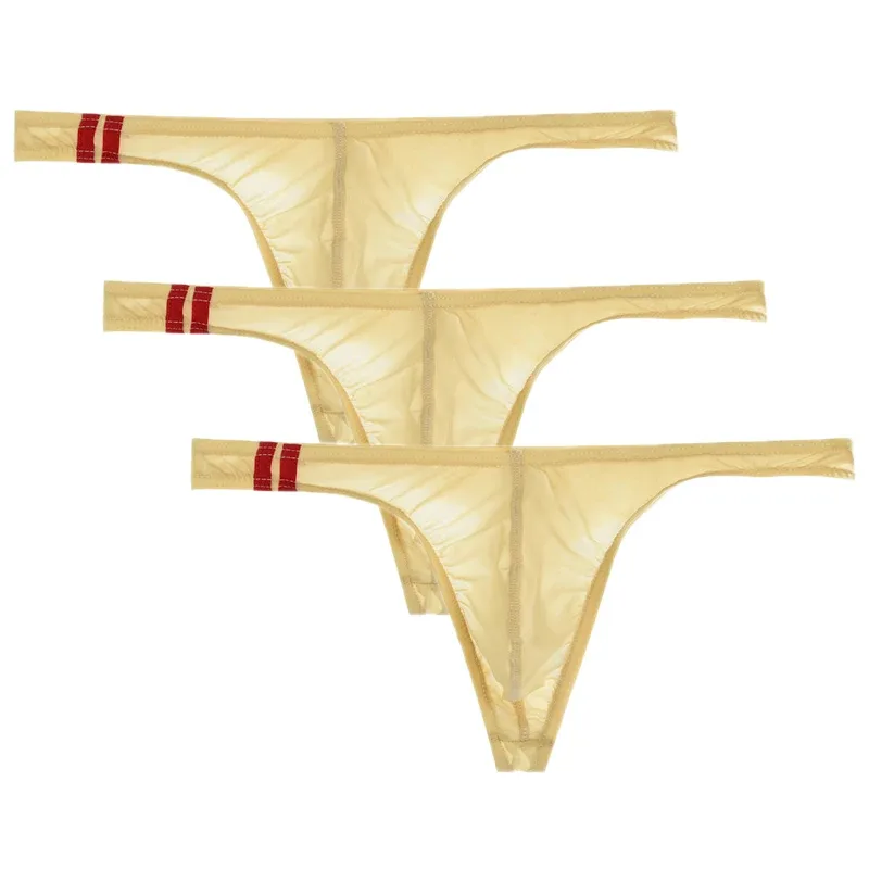 3Pcs/lot Sexy Underwear Men's T-Back Underpants Thongs G-String Ice Silk Breathable Male Bikini Panties U Convex Pouch Undies