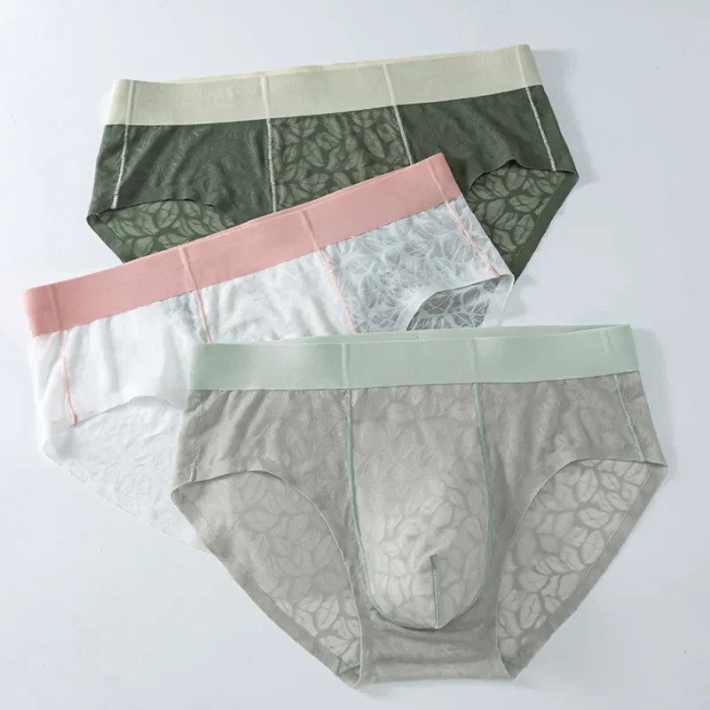 Men Ice Silk Ultra-thin Brief Underwear Seamless Lace Jacquard Breathable Pantie 3D Bulge Pouch Transparent Mesh Lingerie — image 6