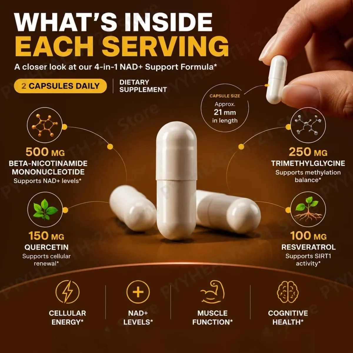 NMN NAD+ Support Capsules 1000 มก. รองรับพลังงานเซลลูล่าร์ ระดับ Cognitive Health NAD+ ด้วย TMG Quercetin 60 แคปซูลผู้ใหญ่