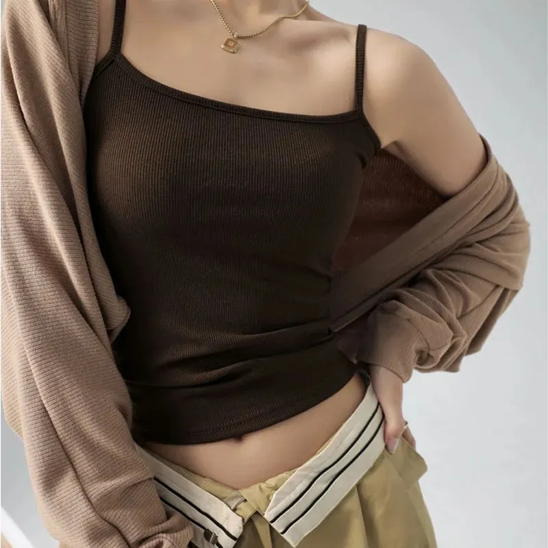 Letní základní tílka Špagetový pásek Camis Pevné strečové topy pro ženy Bez rukávů Slim Fit Basic Pevná pletená košilka — image 9