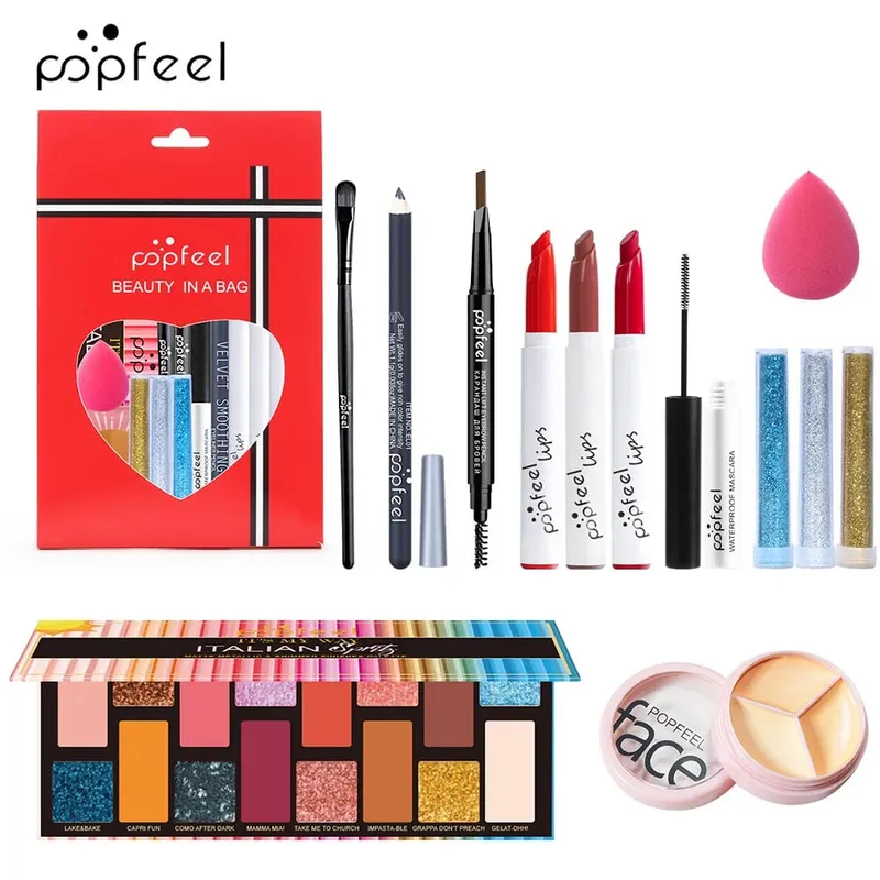 Dárková sada na make-up All-in-One s paletou očních stínů Foundation Lip Gloss štětce na oční linky a další kosmetické dárky