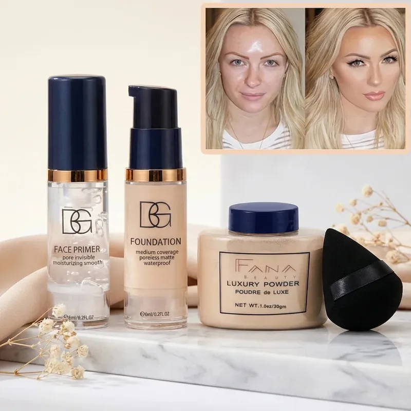 Conjunto de 4 unidades de pacote de maquiagem facial - Pó de configuração de base fosca de primer suavizante com sopro - Pacote de valor à prova d'água de longa duração — image 1