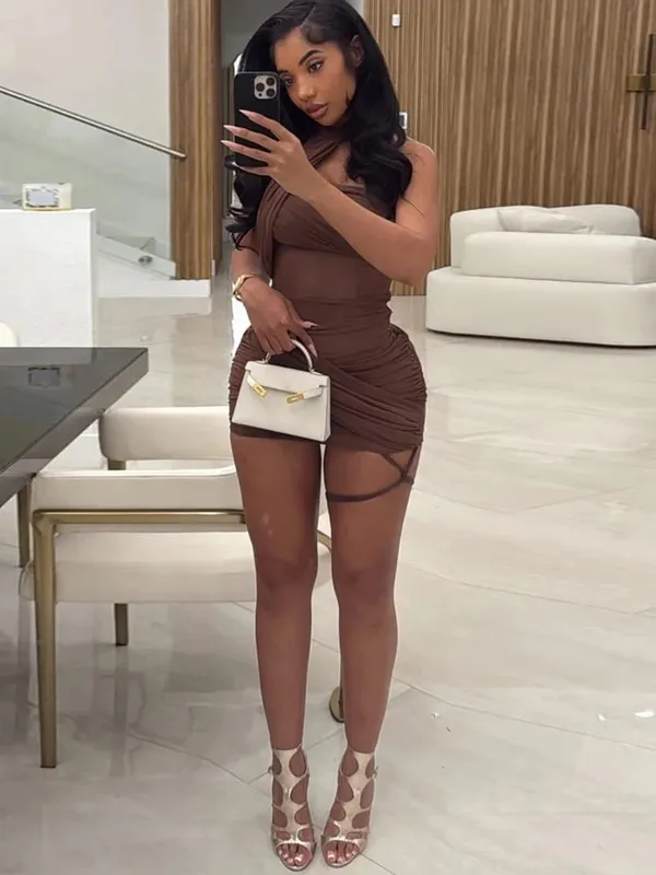 kliou Mesh Cross Irregular Women Mini Dress Solid Sexy Slash Neck Sleeveless Hollow Slim Vestidos Mujer Stunning Party Clubwear — image 6